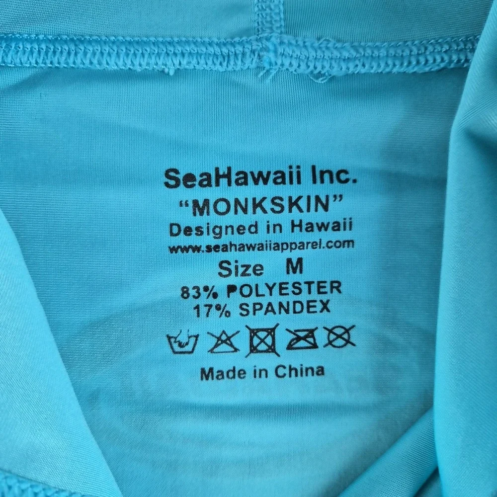 SeaHawaii Monskin Rashguard Medium Blue Hooded Short Sleeve Turtle Beach Surfer